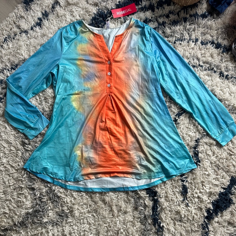 Rosegal Blue and Orange Half Way Button Down Shirt